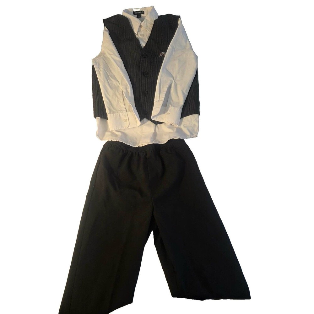 Boy’s 3 piece suit size 8 by George. White shirt, black pants, striped vest